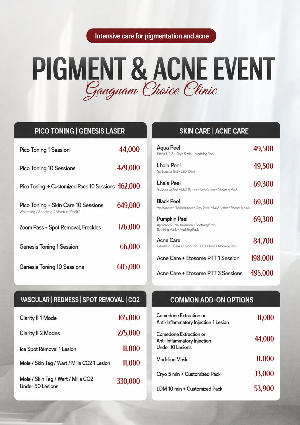 Pigmentation and acne event at Gangnam Choice Clinic in Seoul featuring Pico Toning, Genesis and acne care