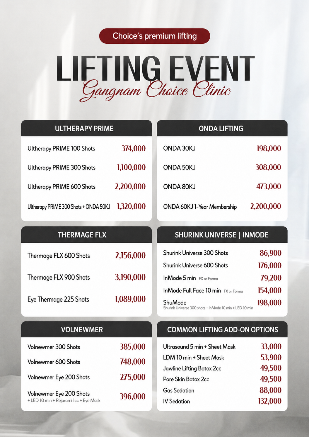 Lifting event at Gangnam Choice Clinic in Seoul featuring Ultherapy PRIME, Thermage FLX, ONDA and Volnewmer