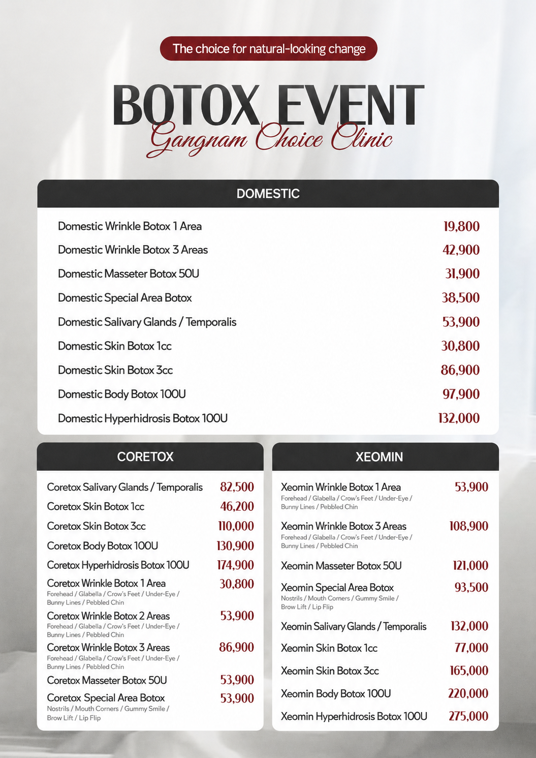 Botox event at Gangnam Choice Clinic in Seoul featuring wrinkle, masseter and skin Botox treatments