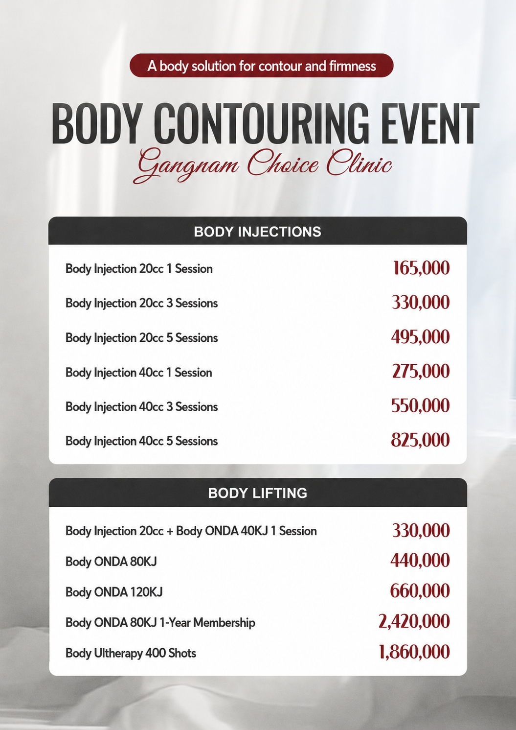 Body contouring event at Gangnam Choice Clinic in Seoul featuring body injections, ONDA and body lifting treatments